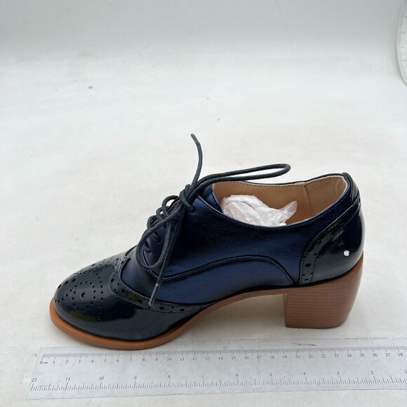 FOWT Women's Perforated Lace-Up Oxfords Mid Chunky Heel Derby Shoes Blue Shoes - Picture 2 of 8